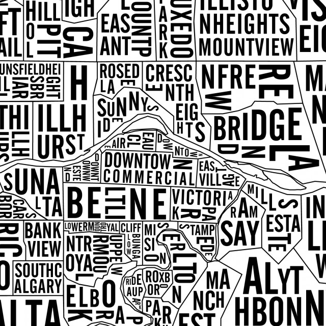 Typographic City Map of Calgary Neighbourhoods