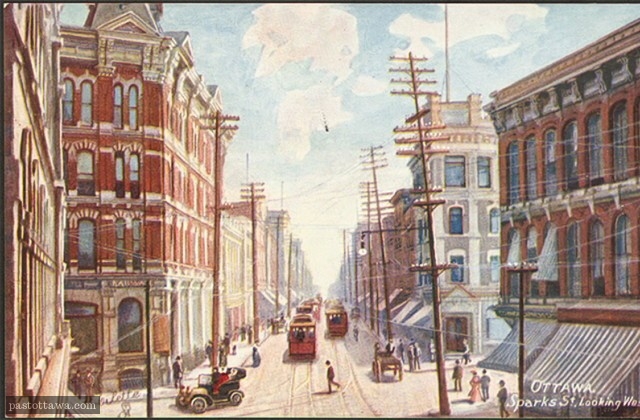 Representation de la rue Sparks vers 1902 vue de l'ancienne Maison Russell.